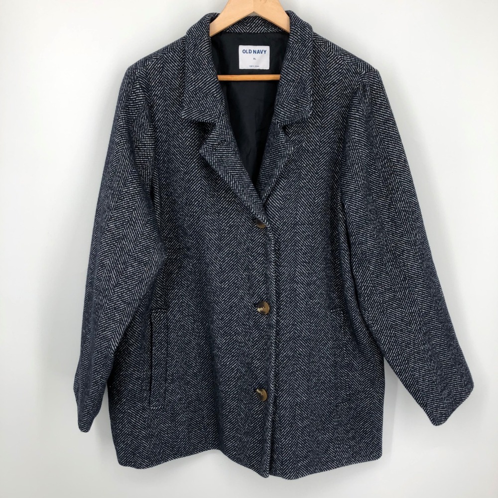 Old‎ Navy Womens Coat Size XL Blue Herringbone Wool Blend Button Front Carcoat